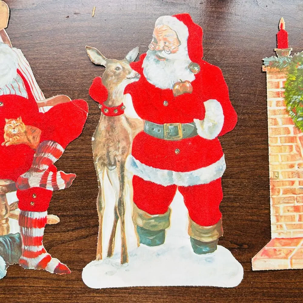 3 Santa Paper Cut Outs Christmas Wall Decor Vintage 11.5